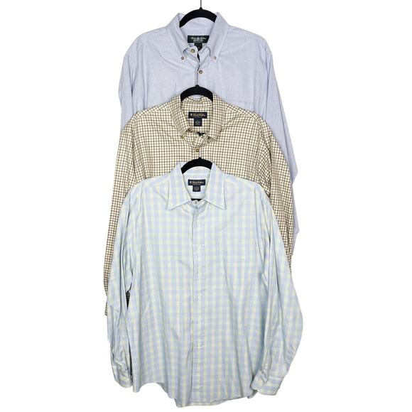 Brooks Brothers Mens L Set of 3 Cotton Button Down Dress Shirt Blue Brown Plaid - Picture 1 of 15